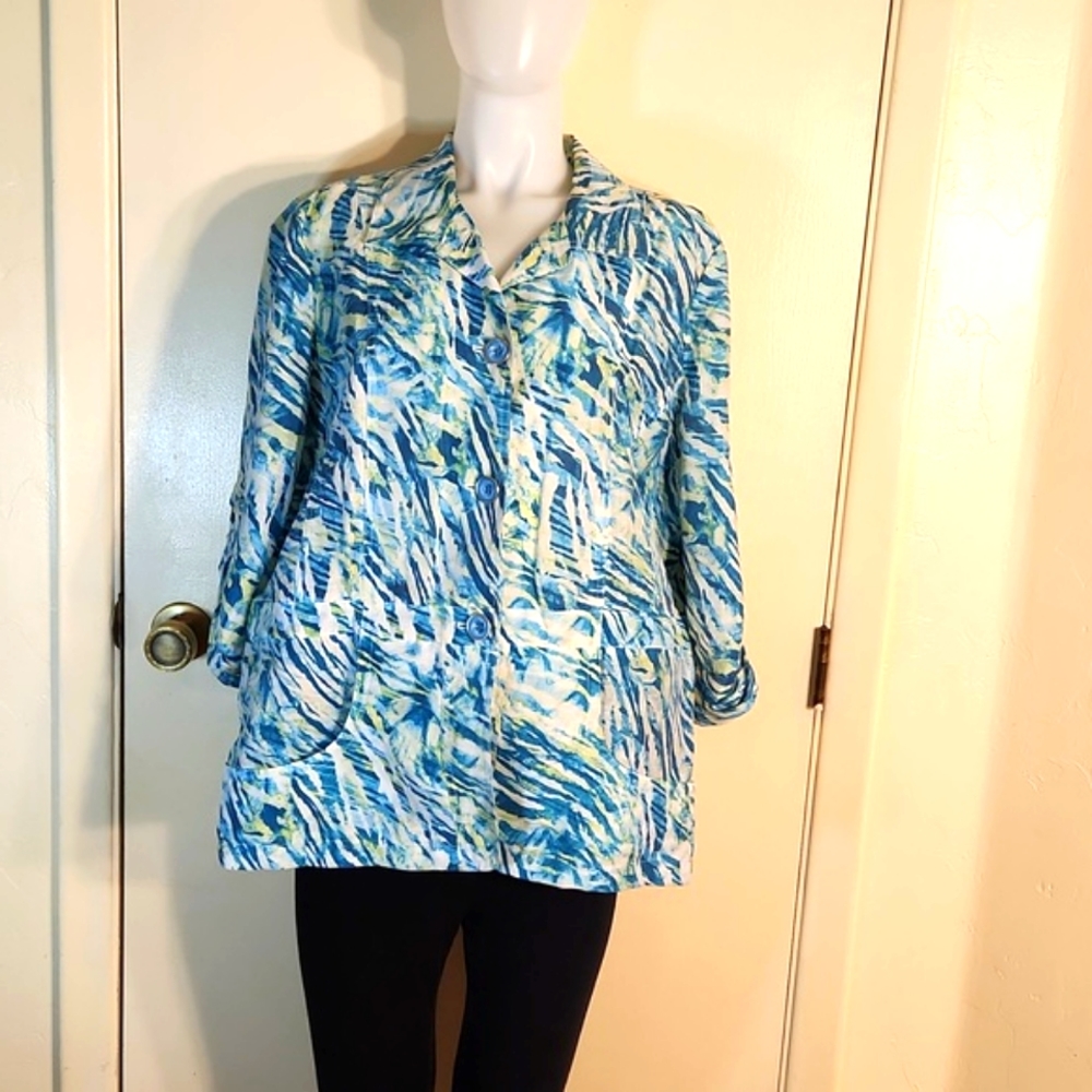 Chico's Sz3 Abstract Teal/Green Linen Blend Blazer 3/4 Sleeves Adjustable Waist